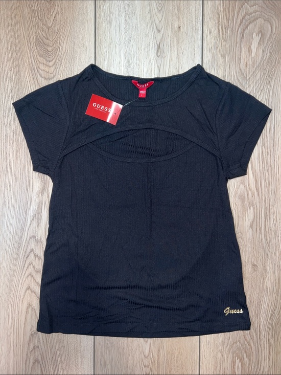 Guess Tops - GUESS Black Short Sleeve Ribbed Cutout Knit Top with Gold Logo